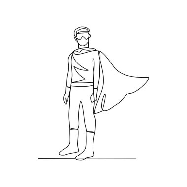 Süper kahraman aksiyon vektör tasarımı illüstrasyonunun kesintisiz bir çizimi. Fevkalade yetenekleri ve gücü olan hayali karakter, basit, sürekli stil vektör tasarımı kavramında..