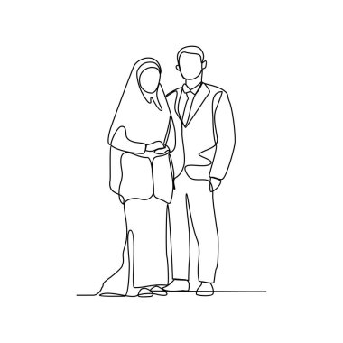 Düğün töreni vektör illüstrasyonunun aralıksız çizimi. Gelin ve damat düğün kostüm tasarımı illüstrasyonu basit doğrusal stil vektör konsepti. Düğün tasarımı illüstrasyonu.