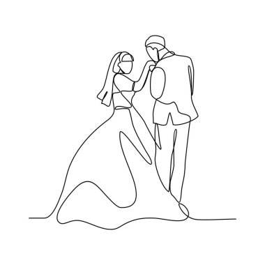 Düğün töreni vektör illüstrasyonunun aralıksız çizimi. Gelin ve damat düğün kostüm tasarımı illüstrasyonu basit doğrusal stil vektör konsepti. Düğün tasarımı illüstrasyonu.