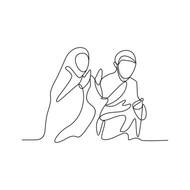 Kutsal Mekke 'de Hac ve Umrah' ı gerçekleştiren karı ve kocanın aralıksız çizimleri. İbadet her yıl Dzulhijah ayında gerçekleşir. İslam tasarım vektörü.