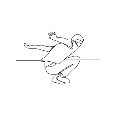 Zıplayan spor şampiyonası vektör illüstrasyonunda insanların sürekli çizdiği bir çizgi. Atletizm spor tasarımı illüstrasyonu basit doğrusal vektör konsepti. Varlık vektör tasarımı için uygun.