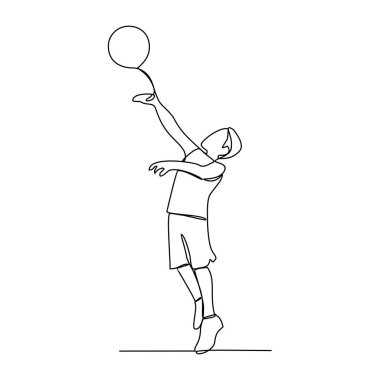Basketbol vektörü illüstrasyonu oynayan bir çocuğun kesintisiz çizimi. Çocuk topu sürüyor, pas veriyor, ve potaya şut atıyor. Basketbol tasarımı konsepti çizimi