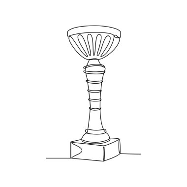 Trophy vektör illüstrasyonunun kesintisiz bir çizimi. Yüksek kupa şampiyonadaki nihai zaferi simgeliyor. Işıldayan metal ve karmaşık tasarım kupası basit sürekli doğrusal stilde.