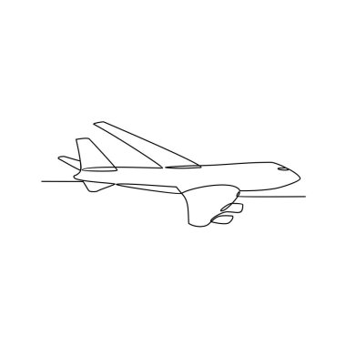 Hava aracı ve ulaşım vektörü illüstrasyonu olarak sürekli çizilen bir uçak çizimi. Basit doğrusal vektör tarzında hava taşıma tasarımı. Renkli olmayan araç tasarımı kavramı çizimi