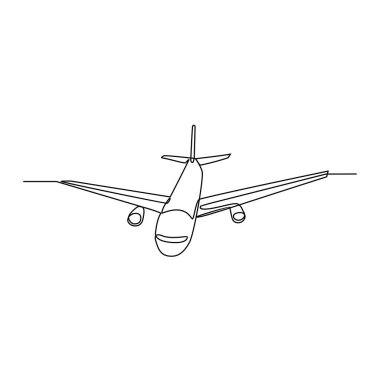 Hava aracı ve ulaşım vektörü illüstrasyonu olarak sürekli çizilen bir uçak çizimi. Basit doğrusal vektör tarzında hava taşıma tasarımı. Renkli olmayan araç tasarımı kavramı çizimi