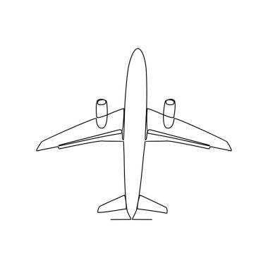 Hava aracı ve ulaşım vektörü illüstrasyonu olarak sürekli çizilen bir uçak çizimi. Basit doğrusal vektör tarzında hava taşıma tasarımı. Renkli olmayan araç tasarımı kavramı çizimi