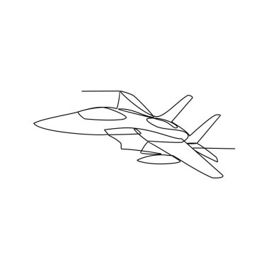 Hava aracı ve ulaşım vektörü illüstrasyonu olarak sürekli çizilen bir uçak çizimi. Basit doğrusal vektör tarzında hava taşıma tasarımı. Renkli olmayan araç tasarımı kavramı çizimi
