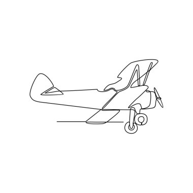 Hava aracı ve ulaşım vektörü illüstrasyonu olarak sürekli çizilen bir uçak çizimi. Basit doğrusal vektör tarzında hava taşıma tasarımı. Renkli olmayan araç tasarımı kavramı çizimi