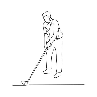 Golf sporları temsilciliğinin kesintisiz bir çizimi. İnsanlar sahalarda golf oynuyorlar. Şampiyonluk sistemi basit doğrusal tasarım sürekli stil vektör konsepti ile..