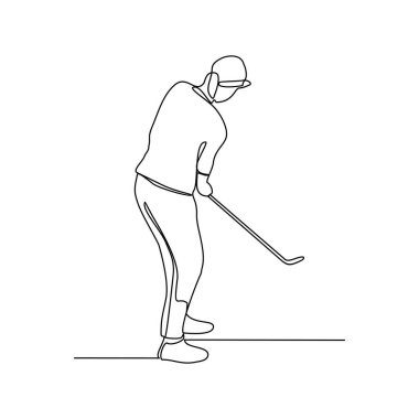 Golf sporları temsilciliğinin kesintisiz bir çizimi. İnsanlar sahalarda golf oynuyorlar. Şampiyonluk sistemi basit doğrusal tasarım sürekli stil vektör konsepti ile..