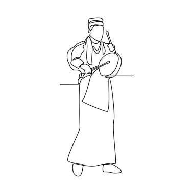 Geleneksel müzik çalar konser vektörü illüstrasyonunun aralıksız bir çizimi. Geleneksel müzik araçları basit doğrusal stil vektör tasarım kavramında mevcuttur. Gösterilen müzik araçları ve çalma temaları.