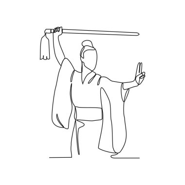 Çinli dövüşçünün sürekli çizdiği bir çizgi onun kung fu figürlerini kullanarak dövüşüyor. Basit lineer stil vektör tasarımı konseptinde Çin kung fu savaşçı aktivitesi çizimi.