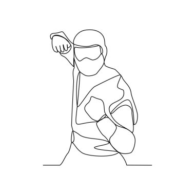 Savaşçı ya da gladyatörün sürekli çizdiği bir çizgi arena vektör çiziminde savaşıyor. Basit doğrusal vektör tasarımı kavramında silah faaliyeti illüstrasyonuna sahip dövüşçü.