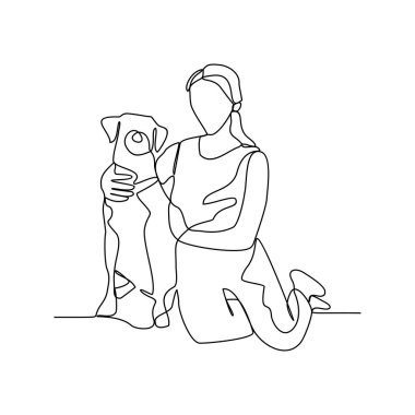Birinin sürekli çizdiği bir çizgi, evcil hayvanına sarılarak ve onu vektör illüstrasyonu olarak taşıyarak oynamaktır. Basit doğrusal biçim vektör kavramında evcil hayvan aktivite illüstrasyonuyla oynamak.