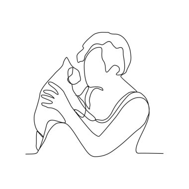 Birinin sürekli çizdiği bir çizgi, evcil hayvanına sarılarak ve onu vektör illüstrasyonu olarak taşıyarak oynamaktır. Basit doğrusal biçim vektör kavramında evcil hayvan aktivite illüstrasyonuyla oynamak.