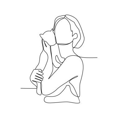 Birinin sürekli çizdiği bir çizgi, evcil hayvanına sarılarak ve onu vektör illüstrasyonu olarak taşıyarak oynamaktır. Basit doğrusal biçim vektör kavramında evcil hayvan aktivite illüstrasyonuyla oynamak.