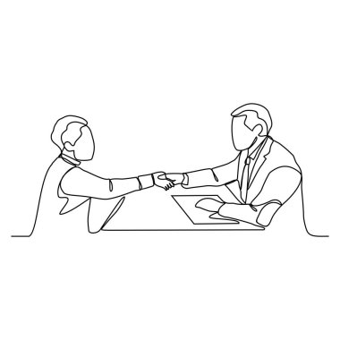İki iş adamının sürekli el sıkışması, ortaklık konsepti, anlaşma imzalamak için el sıkışması. Basit doğrusal biçim vektör konseptinde vektör illüstrasyon iş anlaşması etkinliği.