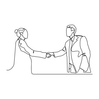 İki iş adamının sürekli el sıkışması, ortaklık konsepti, anlaşma imzalamak için el sıkışması. Basit doğrusal biçim vektör konseptinde vektör illüstrasyon iş anlaşması etkinliği.