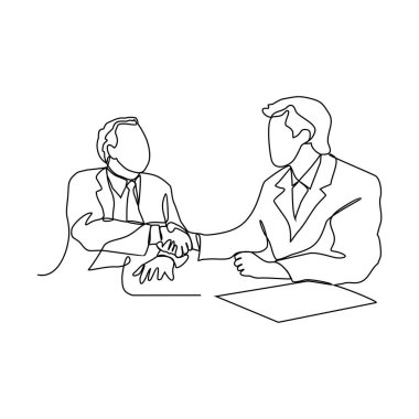 İki iş adamının sürekli el sıkışması, ortaklık konsepti, anlaşma imzalamak için el sıkışması. Basit doğrusal biçim vektör konseptinde vektör illüstrasyon iş anlaşması etkinliği.