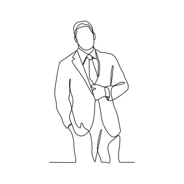 Ofis vektör illüstrasyonunda bir müşteriye işini başarıyla sunan bir işadamının sürekli çizimi. İş adamı faaliyeti illüstrasyonu basit doğrusal biçim vektör kavramı