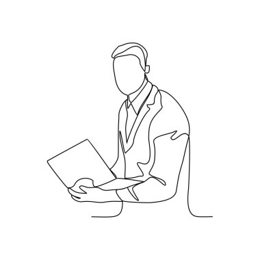 Ofis vektör illüstrasyonunda bir müşteriye işini başarıyla sunan bir işadamının sürekli çizimi. İş adamı faaliyeti illüstrasyonu basit doğrusal biçim vektör kavramı