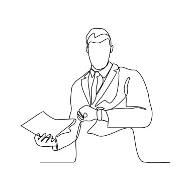 Ofis vektör illüstrasyonunda bir müşteriye işini başarıyla sunan bir işadamının sürekli çizimi. İş adamı faaliyeti illüstrasyonu basit doğrusal biçim vektör kavramı