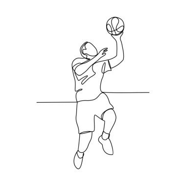 Basketbolcu vektör illüstrasyonunun kesintisiz bir çizimi. Oyuncu topu sürmeyi, pas vermeyi ve potaya şut atmayı ister. Spor tasarımı konsept vektör çizimi