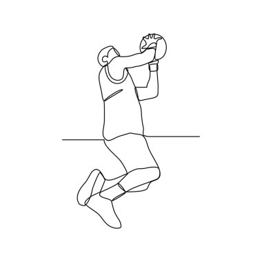 Basketbolcu vektör illüstrasyonunun kesintisiz bir çizimi. Oyuncu topu sürmeyi, pas vermeyi ve potaya şut atmayı ister. Spor tasarımı konsept vektör çizimi