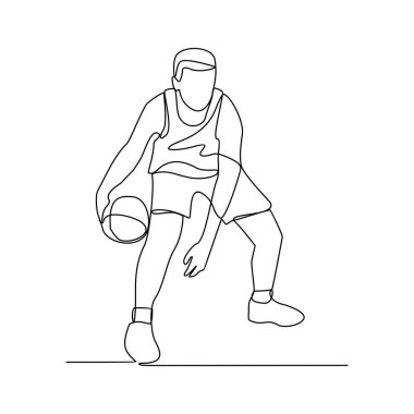 Basketbolcu vektör illüstrasyonunun kesintisiz bir çizimi. Oyuncu topu sürmeyi, pas vermeyi ve potaya şut atmayı ister. Spor tasarımı konsept vektör çizimi
