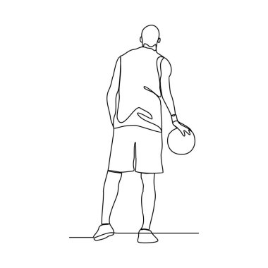 Basketbolcu vektör illüstrasyonunun kesintisiz bir çizimi. Oyuncu topu sürmeyi, pas vermeyi ve potaya şut atmayı ister. Spor tasarımı konsept vektör çizimi