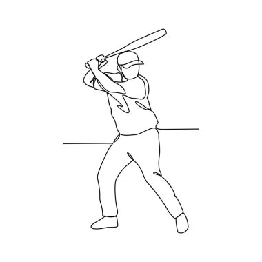 Beysbolcu vektör illüstrasyonunun kesintisiz bir çizimi. Beyzbol oyuncusu fırlatıyor, yakalıyor, vuruyor, kaleye koşuyor ve kayıyor. Sürekli çizgi sporu tasarım vektör çizimi