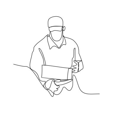 Paket teslimatçısı aktivite vektör illüstrasyonunun kesintisiz bir çizimi. Ürünler basit doğrusal biçim vektörü içinde müşteriye verilecekken, resim paketi dağıtım kişisi.