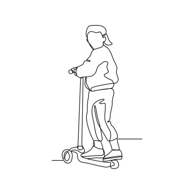 Ofis vektör illüstrasyonuna giderken scooter kullanan insanların sürekli çizdiği bir çizgi. İllüstrasyon scooterları basit doğrusal stil vektör tasarımı ile alternatif taşımacılıktır.