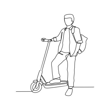 Ofis vektör illüstrasyonuna giderken scooter kullanan insanların sürekli çizdiği bir çizgi. İllüstrasyon scooterları basit doğrusal stil vektör tasarımı ile alternatif taşımacılıktır.