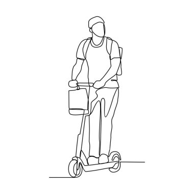 Ofis vektör illüstrasyonuna giderken scooter kullanan insanların sürekli çizdiği bir çizgi. İllüstrasyon scooterları basit doğrusal stil vektör tasarımı ile alternatif taşımacılıktır.