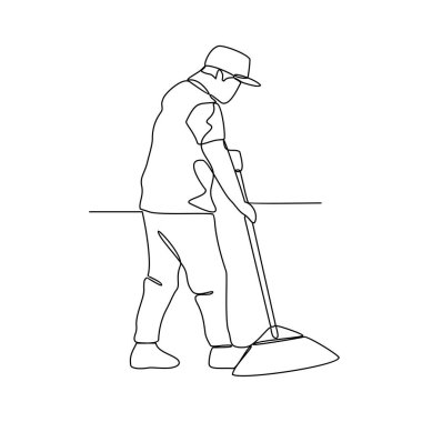 Temizlik işleri ile ilgili çalışma vektörü illüstrasyonunun kesintisiz bir çizimi. Görevler arasında süpürme, süpürme, süpürme, toz alma, yüzeyleri silme ve çöpleri temizleme gibi.