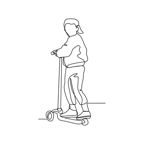 Ofis vektör illüstrasyonuna giderken scooter kullanan insanların sürekli çizdiği bir çizgi. İllüstrasyon scooterları basit doğrusal stil vektör tasarımı ile alternatif taşımacılıktır.