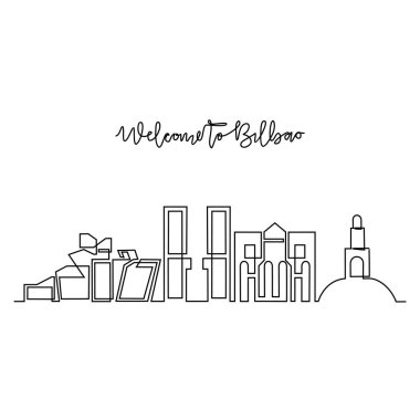 Bilbao Skyline vektör çiziminin kesintisiz bir çizimi. Avrupa 'da modern şehir basit doğrusal stil vektör tasarımı konseptinde. İspanya 'nın büyük şehirlerinden biri. İkonik mimari yapı tasarımı.