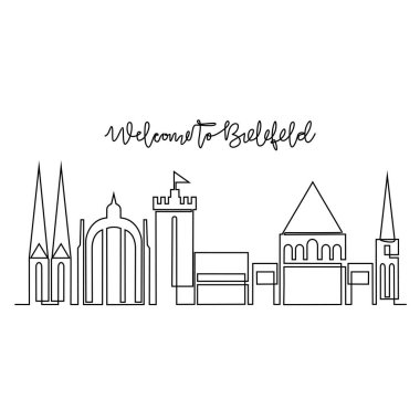 Bielefeld Skyline vektör çiziminin sürekli bir çizimi. Avrupa 'da modern şehir basit doğrusal stil vektör tasarımı konseptinde. Almanya 'da büyük bir şehir. İkonik mimari yapı tasarımı