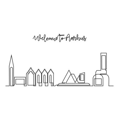 Aarhus Skyline vektör çiziminin kesintisiz bir çizimi. Avrupa 'da modern şehir basit doğrusal stil vektör tasarımı konseptinde. Danimarka 'nın büyük şehirlerinden biri. İkonik mimari yapı tasarımı.