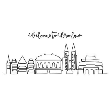Wroclaw ufuk çizgisi vektör illüstrasyonunun kesintisiz bir çizimi. Avrupa 'da modern şehir basit doğrusal stil vektör tasarımı konseptinde. Polonya 'nın büyük şehirlerinden biri. İkonik mimari yapı tasarımı.