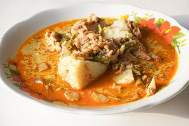 Lontong sayur ya da sebzeli pirinç keki, beyaz bir tabakta beyaz arka planda bulunan tipik bir Endonezya yemeğidir.