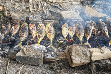 Geleneksel Endonezya baharatlı ızgara balık ve doğal ve basit yakacak odunuyla kızartılmış.