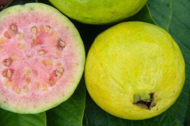Taze guava ve dilimlenmiş guava yeşil guava yaprakları üzerinde.