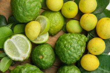 Yapraklar üzerinde kaffir limon ve limon yığını veya sıralanmış Citrus aurantifolia  