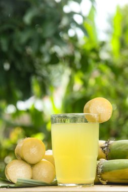 Şeker kamışı suyundan, sıkılmış şeker kamışı suyundan şeker kamışı sapları ve doğal arkaplanından iç.