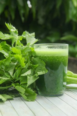 Kereviz suyu, kerevizden yapılmış sağlıklı yeşil içecek taze yeşil kereviz yapraklarıyla süslenmiş yeşil kereviz suyu.