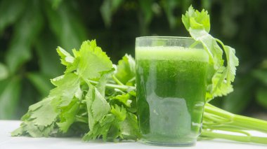 Kereviz suyu, kerevizden yapılmış sağlıklı yeşil içecek taze yeşil kereviz yapraklarıyla süslenmiş yeşil kereviz suyu.