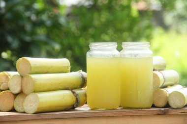 Sıkışmış sarı şeker kamışı suyundan ya da Poaceae ailesinin bir parçası olan Saccharum officinarum L 'den yapılan bir içecek sıkılmış şeker kamışı suyundan yapılan ve taze şeker kamışı saplarıyla güzelce düzenlenmiş bir içecek.