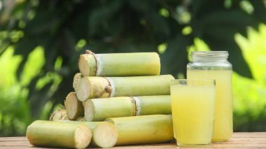 Sıkışmış sarı şeker kamışı suyundan ya da Poaceae ailesinin bir parçası olan Saccharum officinarum L 'den yapılan bir içecek sıkılmış şeker kamışı suyundan yapılan ve taze şeker kamışı saplarıyla güzelce düzenlenmiş bir içecek.